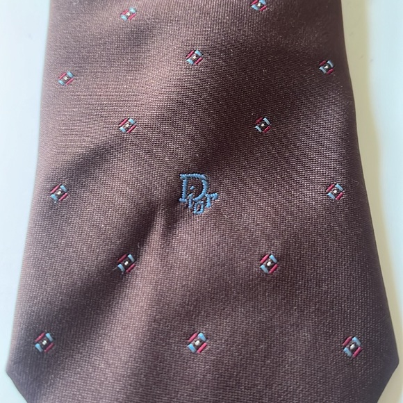 Christian Dior Brown NeckTie with Blue Emblem and Blue, Red & Gold Design - Picture 2 of 6